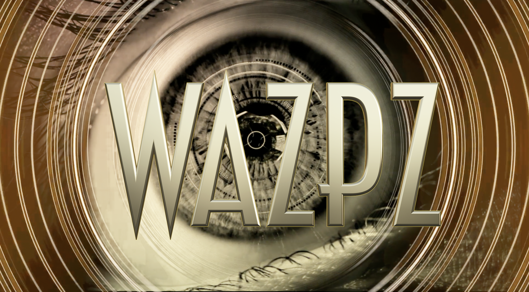 Metallic text reading WAPD with an eye visible through the center letter, surrounded by concentric circular patterns