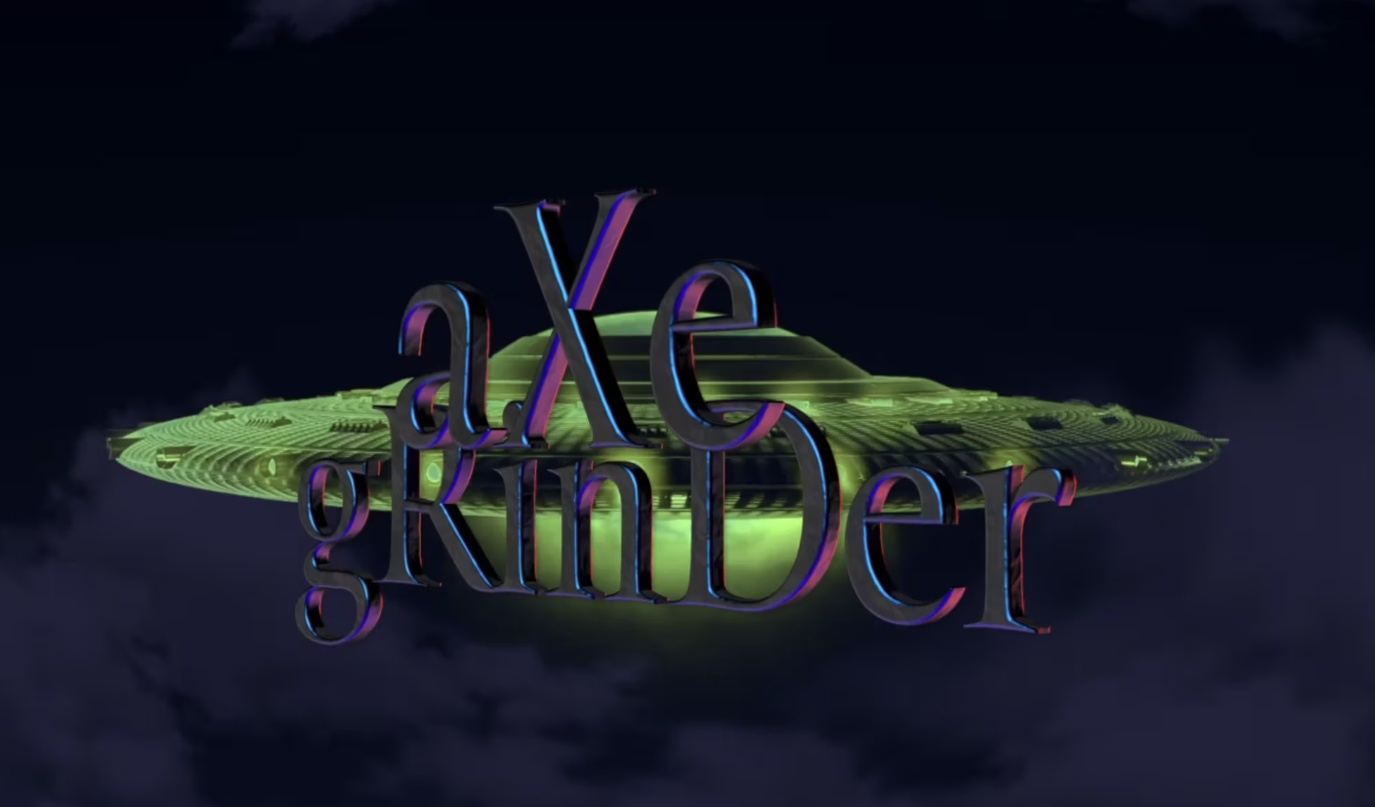 3D rendered text spelling 'axe grinder' with neon purple and green styling overlaid on a glowing green UFO-shaped object against a dark cloudy background