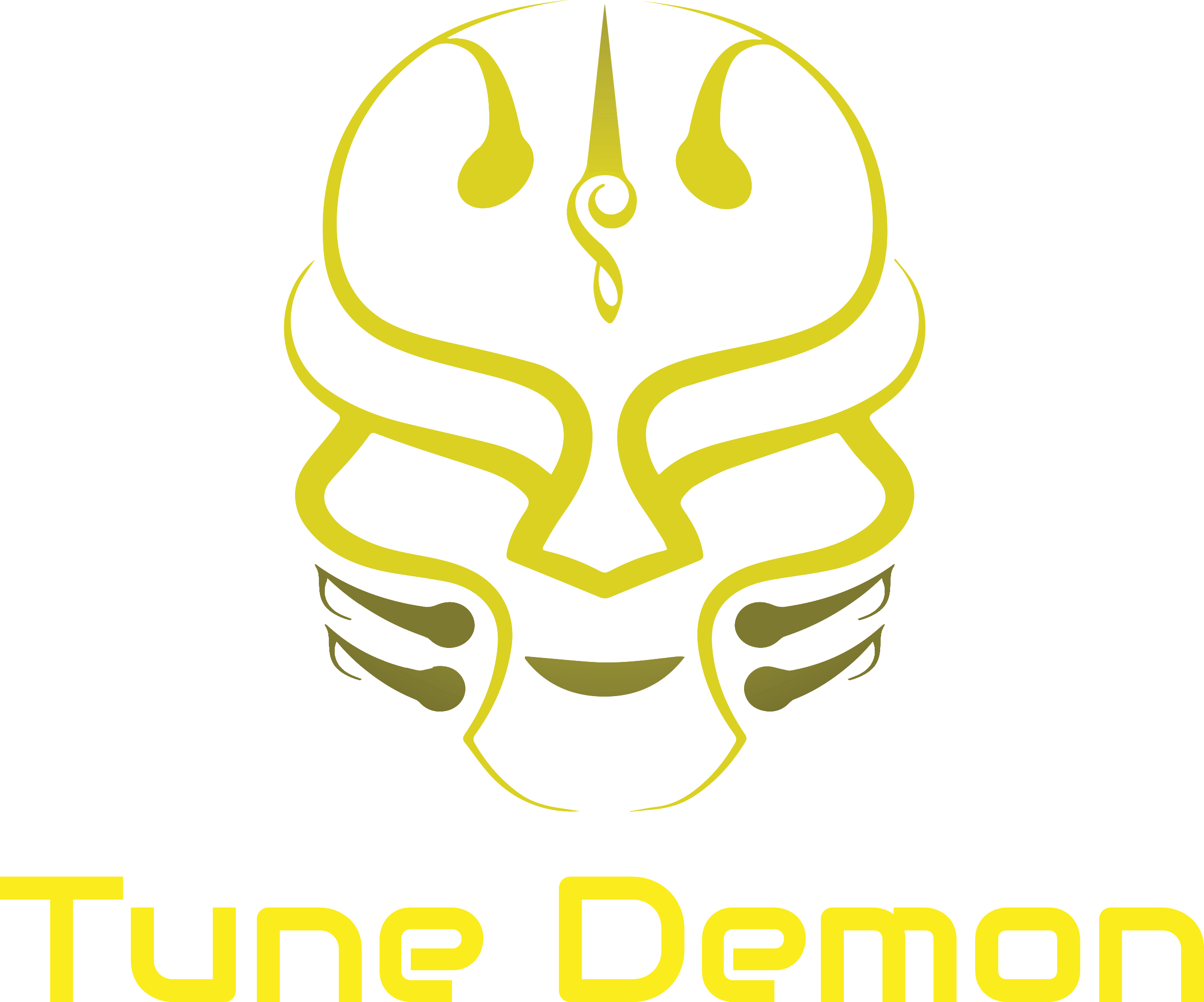 Yellow and olive stylized demon face logo with curved horns and symmetrical features